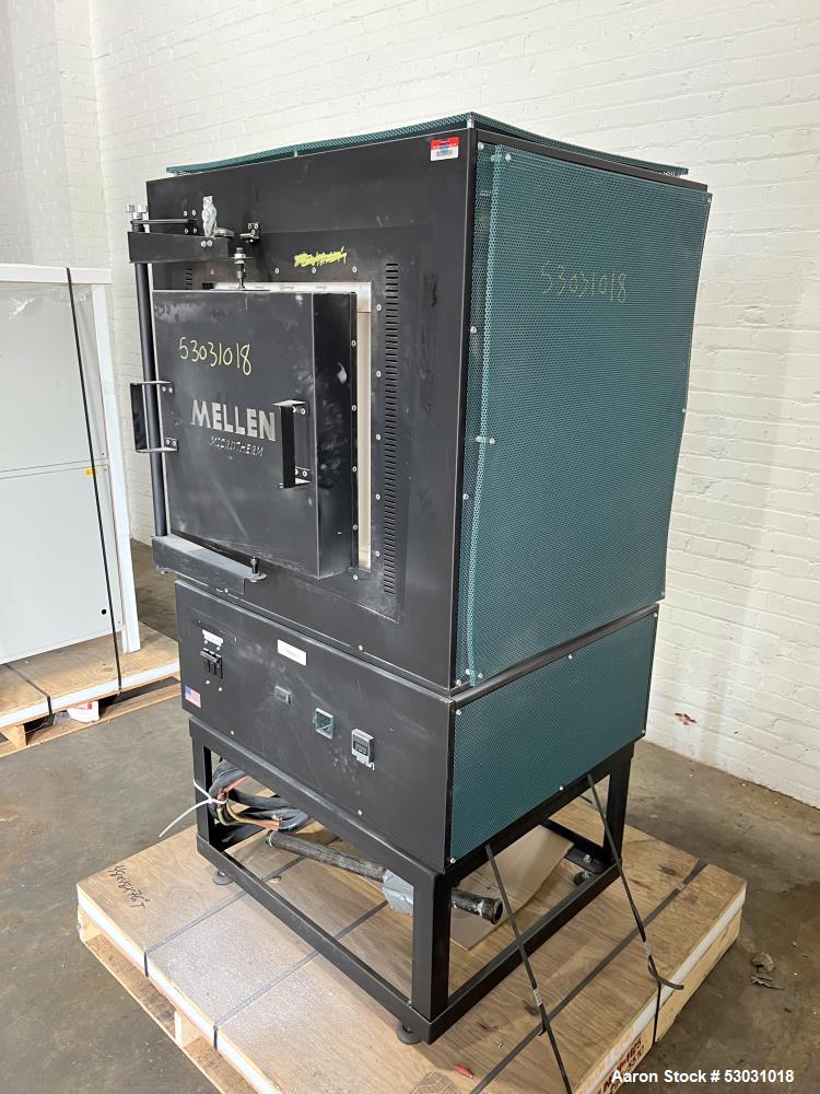 Used Mellen Microtherm Furnace, Model MTB16-16X16X16. Chamber 16" x 16" x 16". Electrically heated. Honeywell temperature controller. Mounted on frame. Serial# 08096280. 3/60/240 Volt, 80 amp.