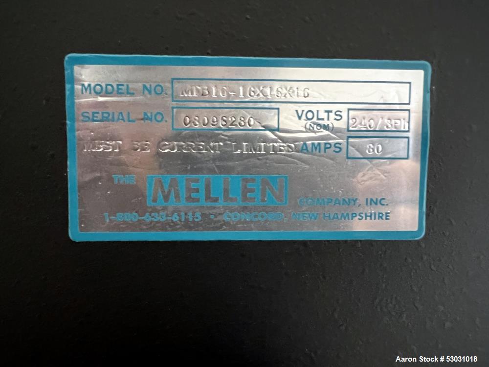 Used Mellen Microtherm Furnace, Model MTB16-16X16X16. Chamber 16" x 16" x 16". Electrically heated. Honeywell temperature controller. Mounted on frame. Serial# 08096280. 3/60/240 Volt, 80 amp.