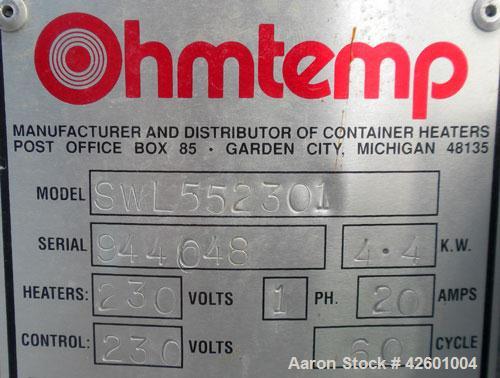 Used Ohmtemp 55 Gallon Drum Heater, model SWL-55-2301, carbon steel. Wrap-around design. Approximate 24" diameter x 30" deep compartment. 4.4 kW, 1/60/20 amp. Heaters and controls 230 volt. Manually ...