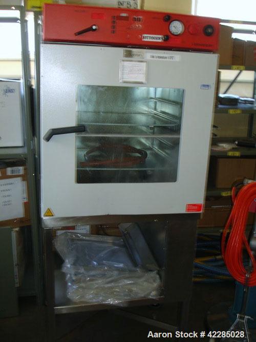 Used Binder Vacuum Drying Oven, Model VDC 115. Chamber interior volume 4.1 cubic feet, approximately 17.7" deep x 19.9" wide x 19.9" tall. Maximum temperature to 320 deg F. Mounted on a stand, includ...