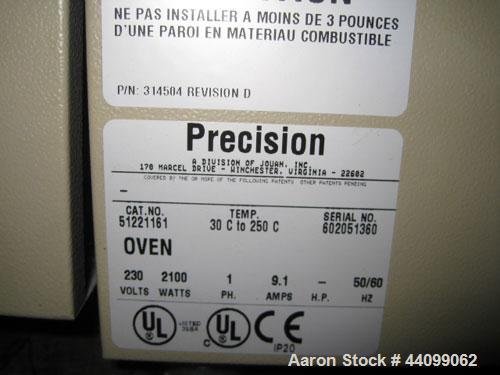 Used Precision Thelco Lab Oven, Cat.# 51221161. Range 30 to 250 degrees C, 18"W x 16" D x 32" H chamber, 7 shelves, with controls, 230V, serial # 602051360