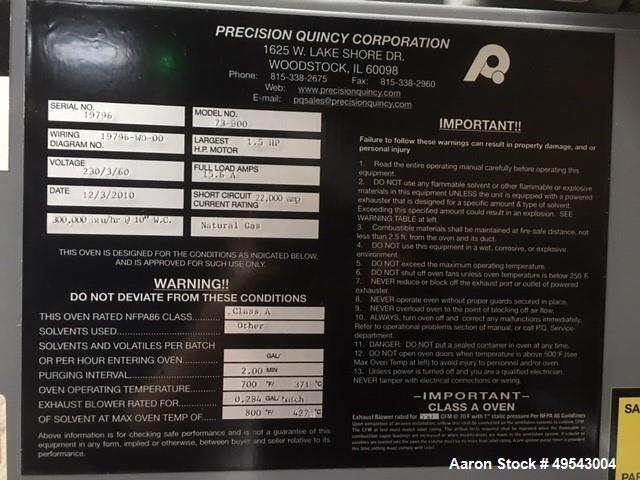Used- Precision Quincy Corp. High Temperature Drying Oven, Model 73-800.