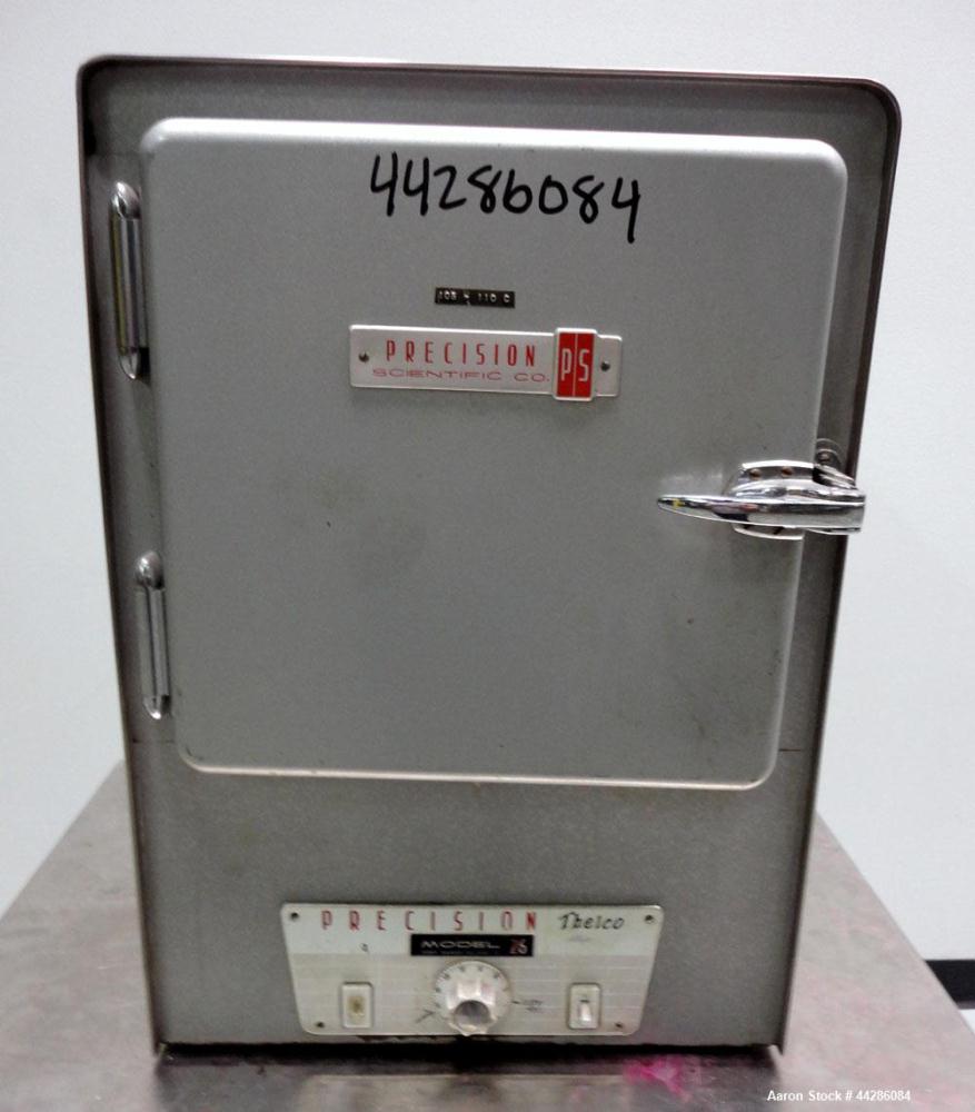 Used Precision Scientific Thelco Oven, Model 26. Temperature range to 200 degrees C. (392 F). Interior approximate 13" wide x 13" tall x 13" deep. Hinged front door. 1/50/60/120 volt, 8 amp, 950 watt...