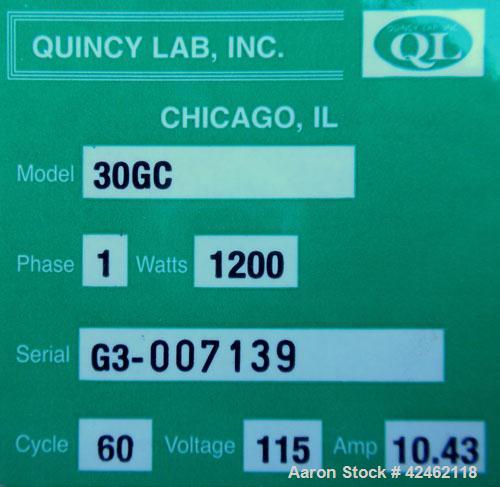 Used Quincy GC Series Lab Oven, Model 30GC, Carbon Steel. Temerature range 450 deg.f. (232 c). 1/60/115 volt, 1200 watts. Chamber 2 cubic feet, 18’’ wide x 15.63’’ tall x 12’’ deep. Hinged front door.