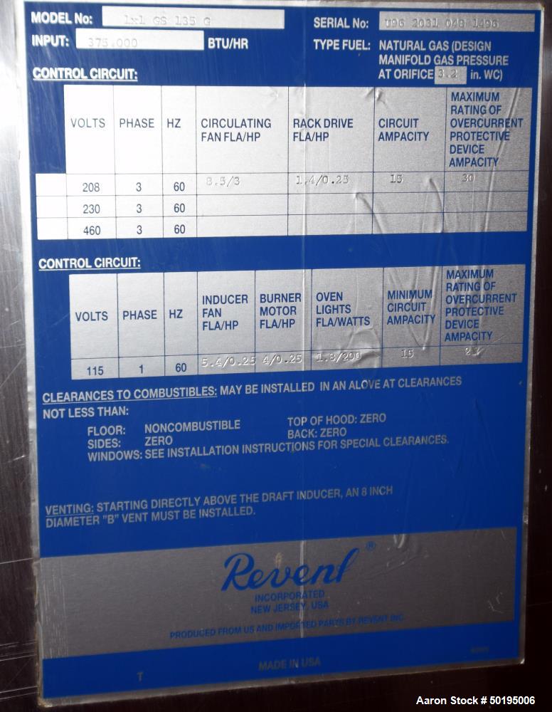 Used Revent 620 Double Rack Natural Gas Oven, Model 1X1GS135G. Approximate chamber 55" wide x 48" deep x 75" tall. Single hinged door with window, heating capacity 375,000 BTU/HR. Serial# U9620310481...
