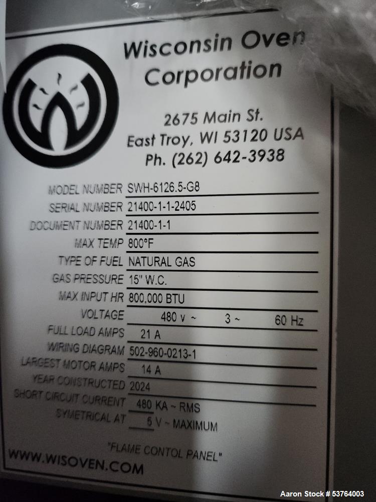 Unused Wisconsin SWH-6126.5-G8 Heavy Duty Walk-In Oven – 800°F, 11,500 CFM, Watlow F4T, 2024