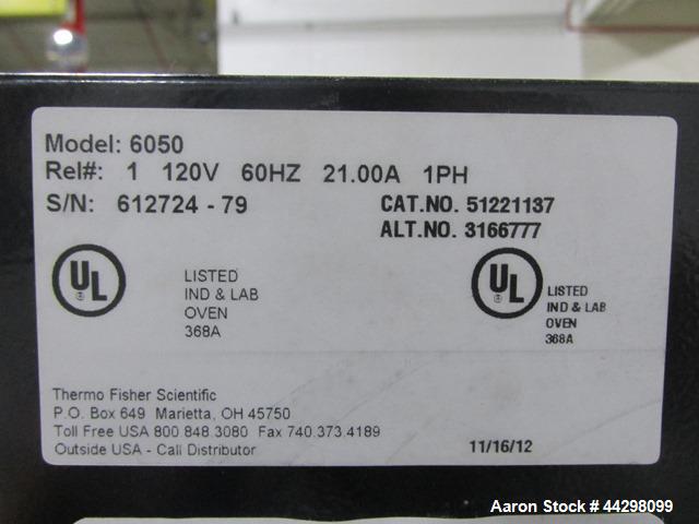 Used Thermo Fisher Pecision High-Performance Oven, Model 6050. 1.4 Cubic feet capacity, 14" wide x 13" deep x 13" high internal chamber, 120 volt, 2500 watt, serial# 612724-79.