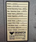 Used Despatch Industries Electric Oven, model V-34 STD, 6-Shelves.  . Rated for 500°F max, with a 12-kW electric heater drawing 28.9 amps. Operates on 240V, 3-phase, 60 Hz power with 120V control vol...