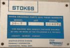 Used Stokes Drying Cabinet, Model 38-7, 304 stainless steel. Opening 40 wide x 63 tall x 30 deep. Includes a stainless steel roll out cart with (24) aluminum trays, 35 wide x 27 deep, spaced 1 apart....