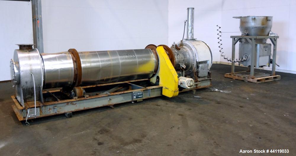 Used Bartlett-Snow Rotary Hot Air Dryer, 316 Stainless Steel. Rated approximate 1500 pounds an hour depending on product. Horizontal chamber 24" diameter x 150" long overall length. Approximate 126 l...