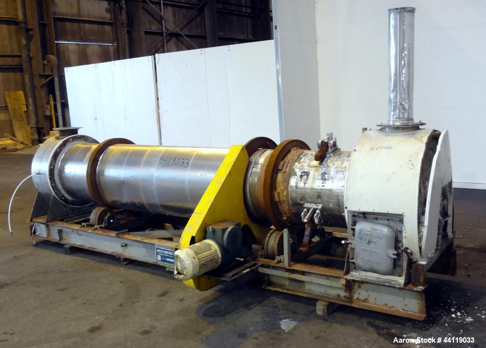 Used Bartlett-Snow Rotary Hot Air Dryer, 316 Stainless Steel. Rated approximate 1500 pounds an hour depending on product. Horizontal chamber 24" diameter x 150" long overall length. Approximate 126 l...