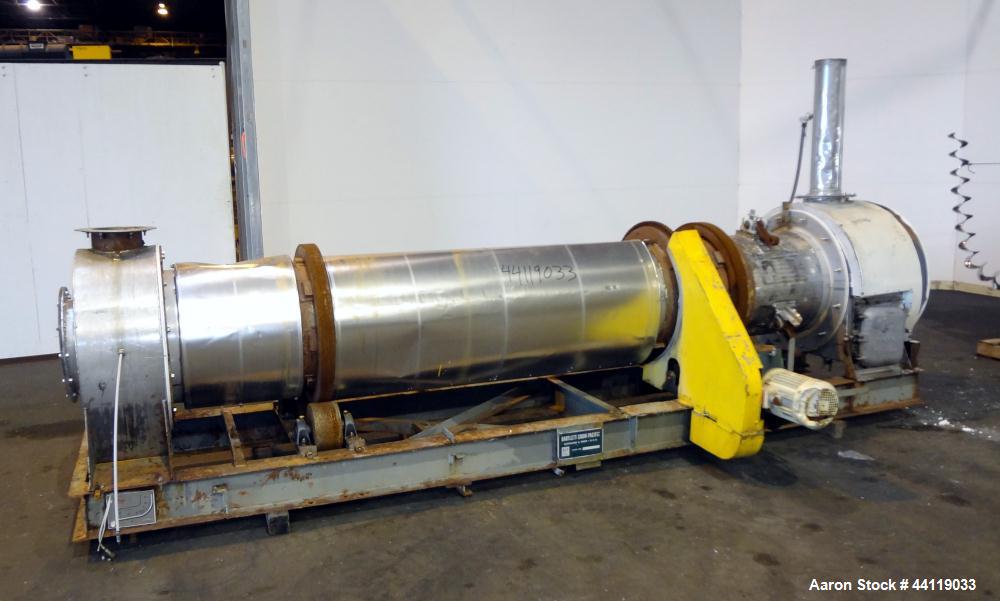 Used Bartlett-Snow Rotary Hot Air Dryer, 316 Stainless Steel. Rated approximate 1500 pounds an hour depending on product. Horizontal chamber 24" diameter x 150" long overall length. Approximate 126 l...