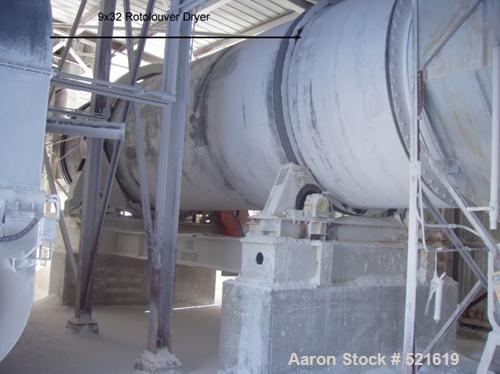 USED: FMC Linkbelt "Rotolouver" dryer, model 900-32. 9' diameter x 32'. 20mm btu combustor. Complete with a Carter Day HV90 cyclone.Two Micro pulse jet collectors, 144 bags each, 4-3/4" x 8', 1432 sq...