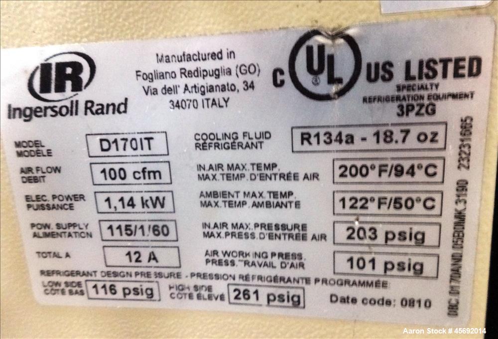 Used Ingersoll-Rand High Inlet Temperature Air Dryer, Model D170IT. Nominal air flow 100 cfm. 200 degrees F maximum inlet temperature. Uses R13Ha refrigerant. Has 116 psi low side, and 261 psi high s...
