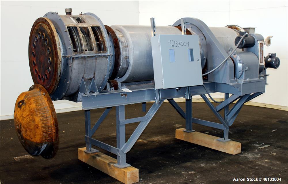 Used Hardinge Ruggles-Coles Pilot Plant Steam Tube Dryer. 304 Stainless steel 24" diameter x 128" long shell, insulated, chain driven by 1-1/2 hp, 208-230/460 volt, 1725 rpm motor attached to Reeves ...
