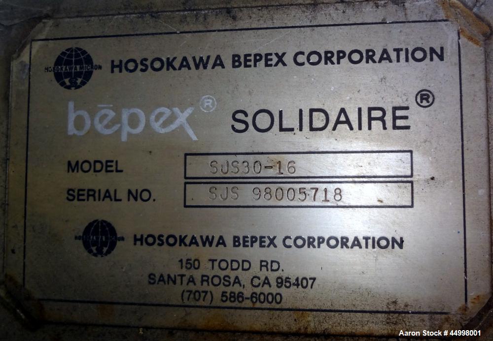 Used Hosokawa Bepex Continuous Solidaire Dryer, Model SJS30-16, 316 Stainless Steel. 30" Diameter x 16" long horizontal chamber. Internal rated 5psi at 50 to 400 degrees F, 304 stainless steel jacket...