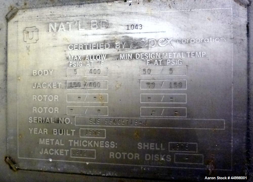 Used Hosokawa Bepex Continuous Solidaire Dryer, Model SJS30-16, 316 Stainless Steel. 30" Diameter x 16" long horizontal chamber. Internal rated 5psi at 50 to 400 degrees F, 304 stainless steel jacket...