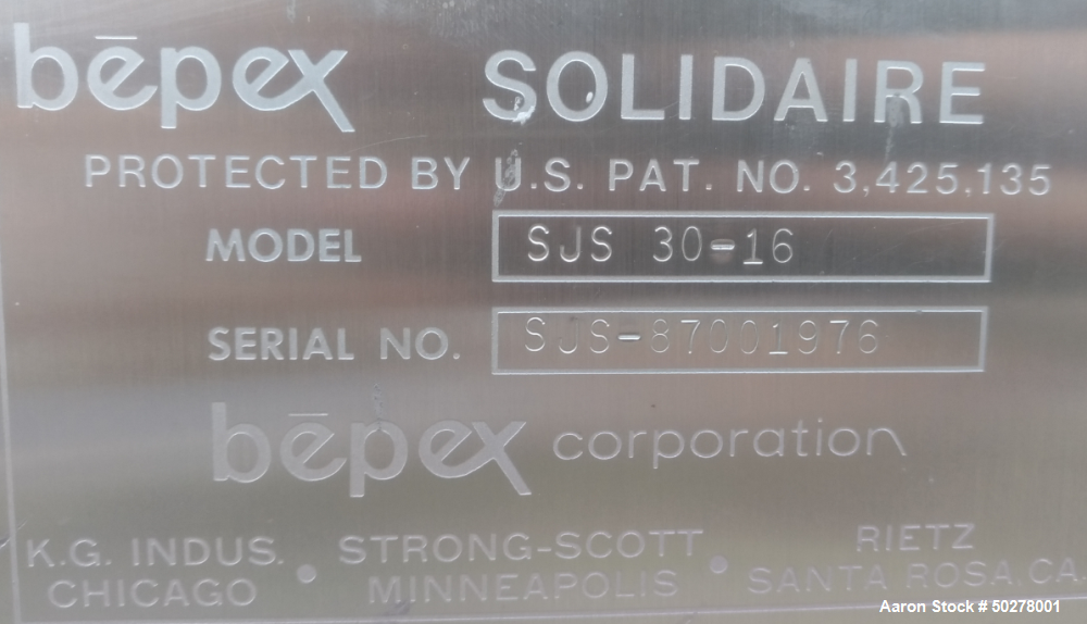 Used Bepex Solidaire Dryer, Model SJS 30-16