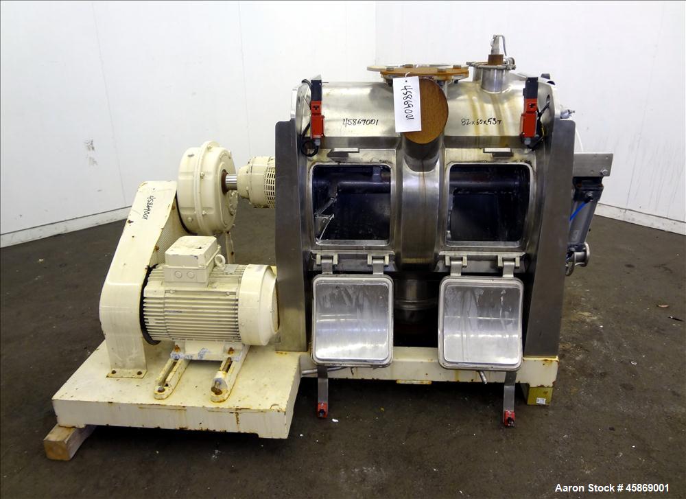 Used E. Bachiller Plow Mixer Dryer, 10.6 Cubic Feet (300 Liter), Model MMT 300, 304 Stainless Steel. Jacketed mixing chamber approximate 26" diameter x 33" long. Internal rated atmospheric at 212 deg...