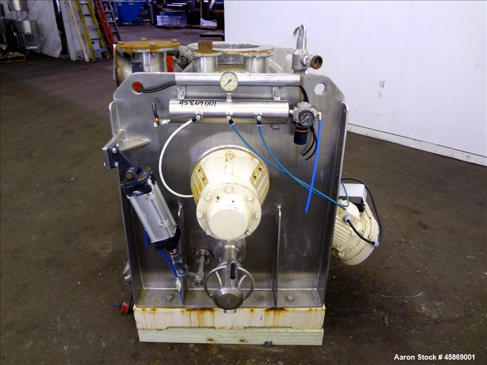 Used E. Bachiller Plow Mixer Dryer, 10.6 Cubic Feet (300 Liter), Model MMT 300, 304 Stainless Steel. Jacketed mixing chamber approximate 26" diameter x 33" long. Internal rated atmospheric at 212 deg...