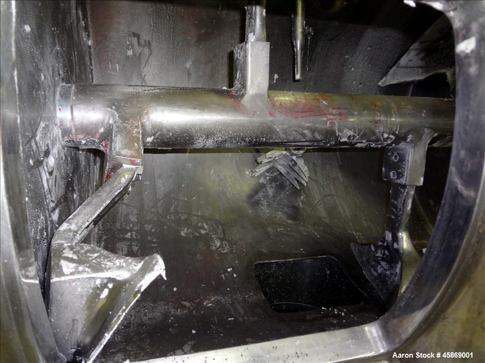 Used E. Bachiller Plow Mixer Dryer, 10.6 Cubic Feet (300 Liter), Model MMT 300, 304 Stainless Steel. Jacketed mixing chamber approximate 26" diameter x 33" long. Internal rated atmospheric at 212 deg...