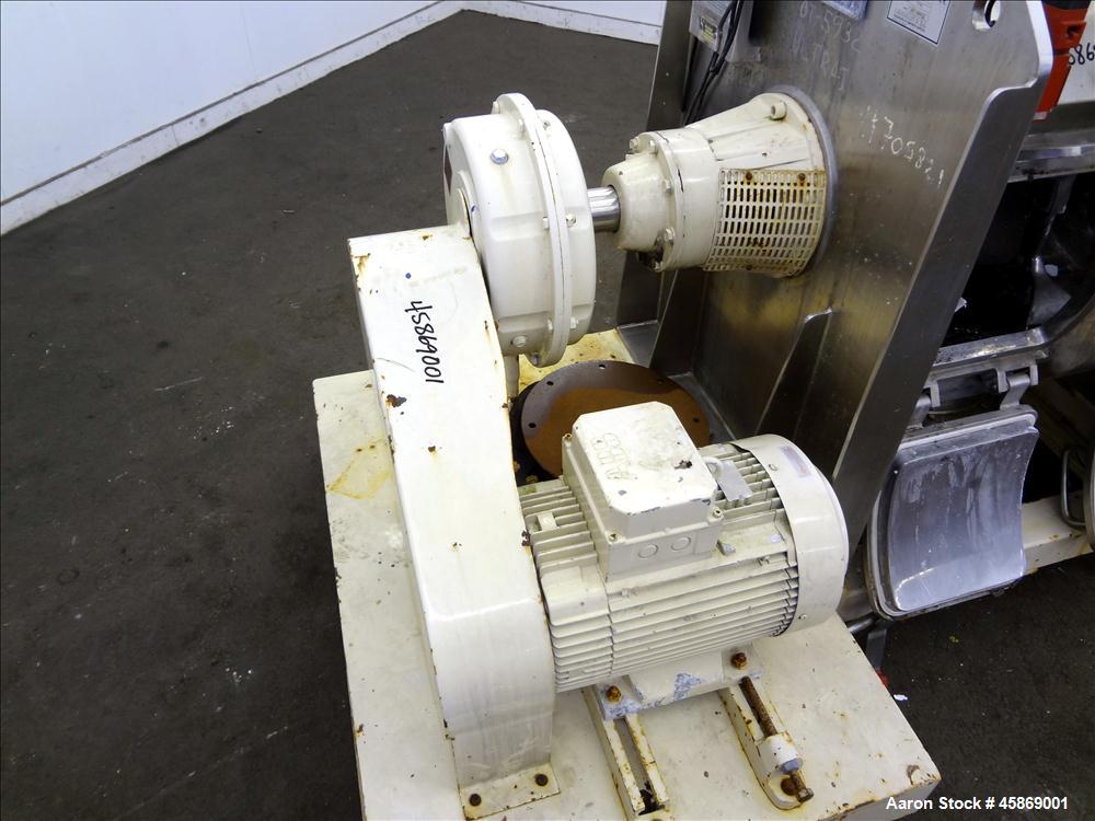 Used E. Bachiller Plow Mixer Dryer, 10.6 Cubic Feet (300 Liter), Model MMT 300, 304 Stainless Steel. Jacketed mixing chamber approximate 26" diameter x 33" long. Internal rated atmospheric at 212 deg...