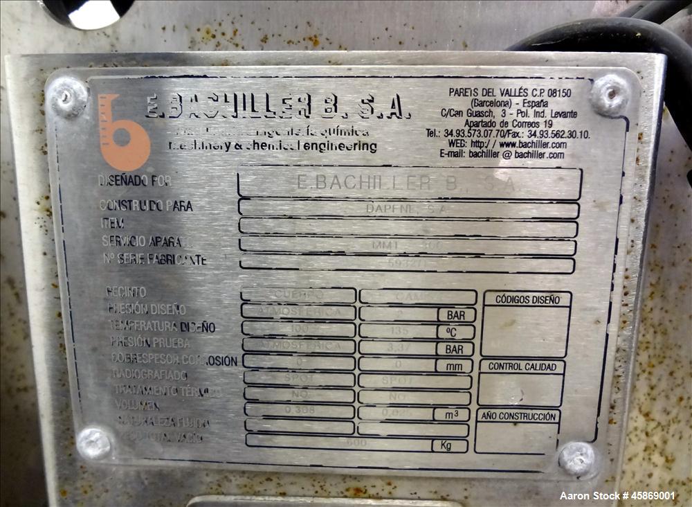 Used E. Bachiller Plow Mixer Dryer, 10.6 Cubic Feet (300 Liter), Model MMT 300, 304 Stainless Steel. Jacketed mixing chamber approximate 26" diameter x 33" long. Internal rated atmospheric at 212 deg...