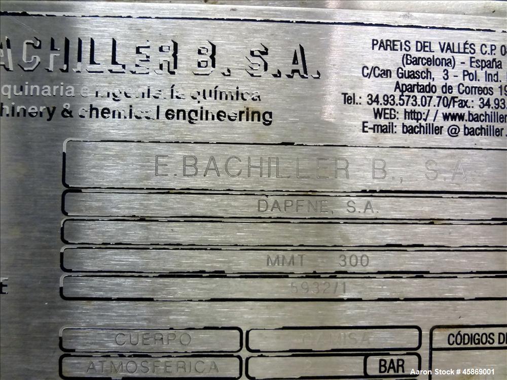 Used E. Bachiller Plow Mixer Dryer, 10.6 Cubic Feet (300 Liter), Model MMT 300, 304 Stainless Steel. Jacketed mixing chamber approximate 26" diameter x 33" long. Internal rated atmospheric at 212 deg...