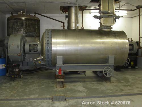USED: Giovanola 141 cubic foot rotary vacuum dryer, stainless steel. Approximate internal dimensions 58" diameter x 125" long. Has 25 hp motor. Jacketed and rated for vacuum. Dust collector mounted o...