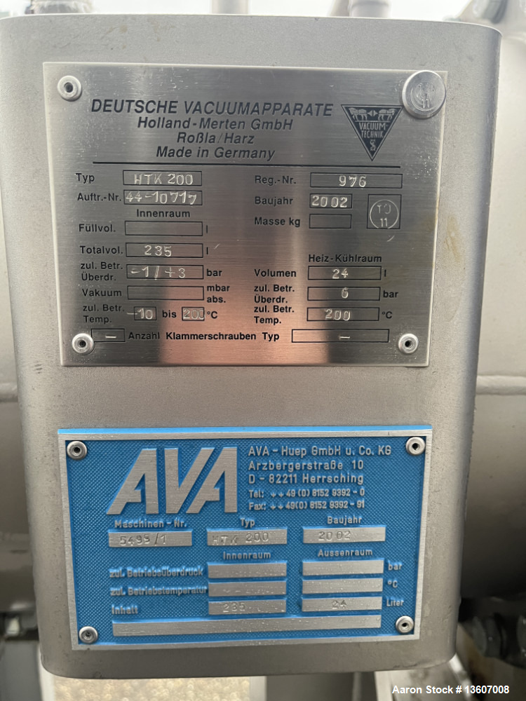 AVA-Holland Merten GmbH Rotary Vacuum Paddle Dryer, type HTK 200.