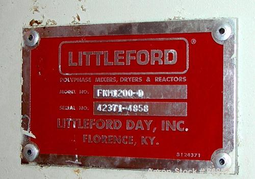 USED: Littleford plow mixer/dryer, model FKM1200D, stainless steel. 26 cubic feet working capacity, 43.4 total. Jacketed chamber approximately 32" diameter x 96" long. Internal rated FV at 320 deg F,...