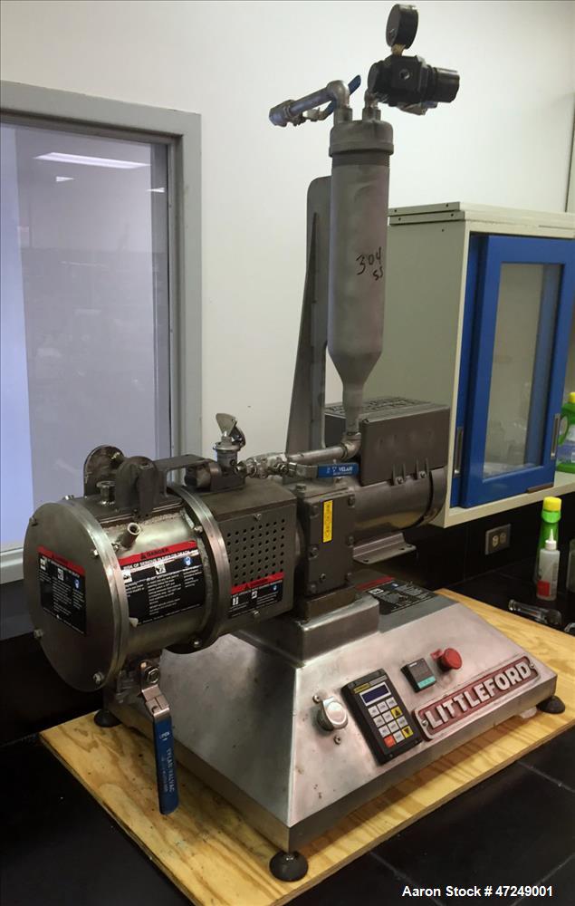 Used Littleford Lab Size Polyphase Mixer, Dryer, Reactor, Model M-5. 316L stainless steel, 0.11 cubic feet working capacity (0.18 total). Horizontal chamber approximate 7.5" diameter x 6.95" deep. In...