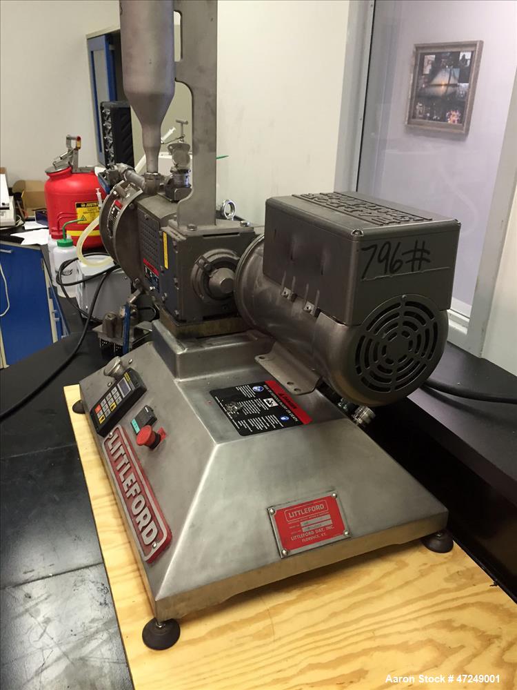 Used Littleford Lab Size Polyphase Mixer, Dryer, Reactor, Model M-5. 316L stainless steel, 0.11 cubic feet working capacity (0.18 total). Horizontal chamber approximate 7.5" diameter x 6.95" deep. In...