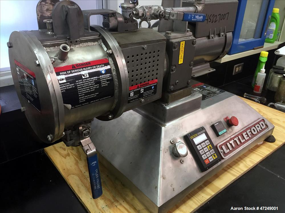 Used Littleford Lab Size Polyphase Mixer, Dryer, Reactor, Model M-5. 316L stainless steel, 0.11 cubic feet working capacity (0.18 total). Horizontal chamber approximate 7.5" diameter x 6.95" deep. In...