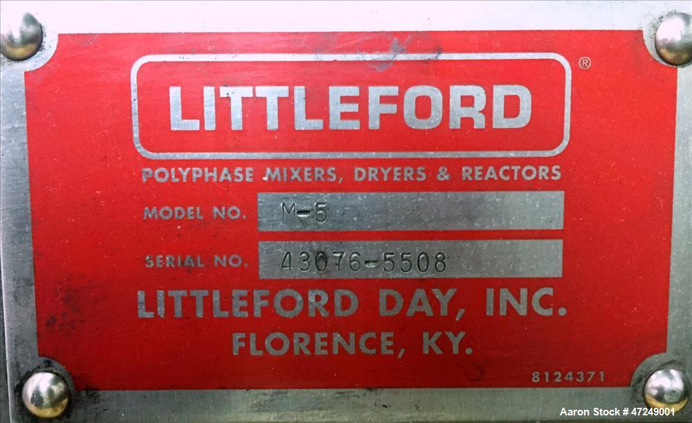Used Littleford Lab Size Polyphase Mixer, Dryer, Reactor, Model M-5. 316L stainless steel, 0.11 cubic feet working capacity (0.18 total). Horizontal chamber approximate 7.5" diameter x 6.95" deep. In...