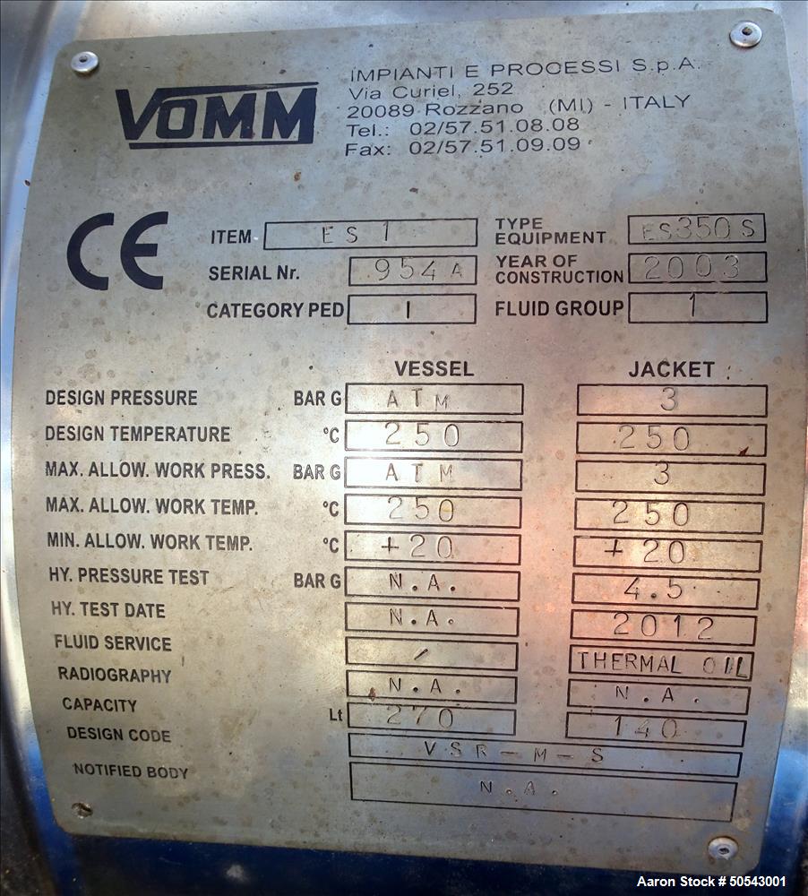 Used Vomm "Turbo" Continuous Paddle Dryer, Model ESE350S