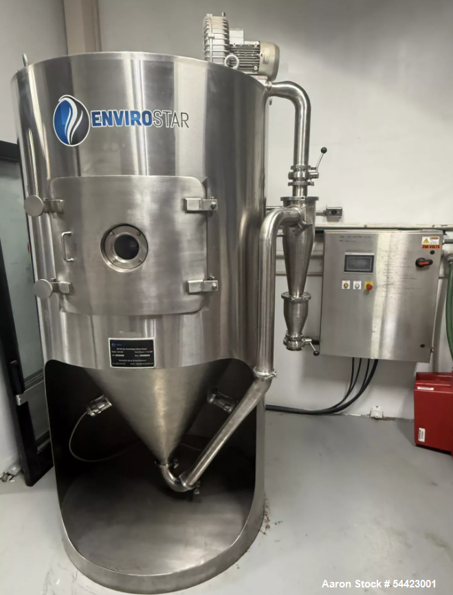 Used EnviroStar Centrifugal Spray Dryer. Model ES 500.  Stainless steel.  Pneumatic: 5 CFM @ 45 PSI, Atomizer Cooling Water: 1/4" Poly Line @ 1 LPM, Includes rotary atomizer, Vacuum exhaust blower wi...