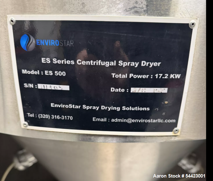 Used EnviroStar Centrifugal Spray Dryer. Model ES 500.  Stainless steel.  Pneumatic: 5 CFM @ 45 PSI, Atomizer Cooling Water: 1/4" Poly Line @ 1 LPM, Includes rotary atomizer, Vacuum exhaust blower wi...