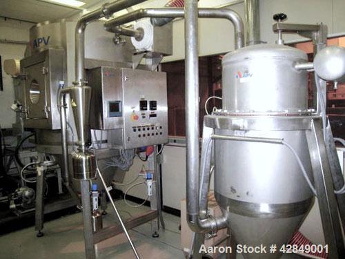 Used APV Anhydro Electrically Heated Pilot Spray Drying Plant, Model PSD 52, 316 Stainless Steel. Heat consumption at 350 deg.c. is 12 kw. 39.3" Diameter chamber, side access door. Water evaporation ...