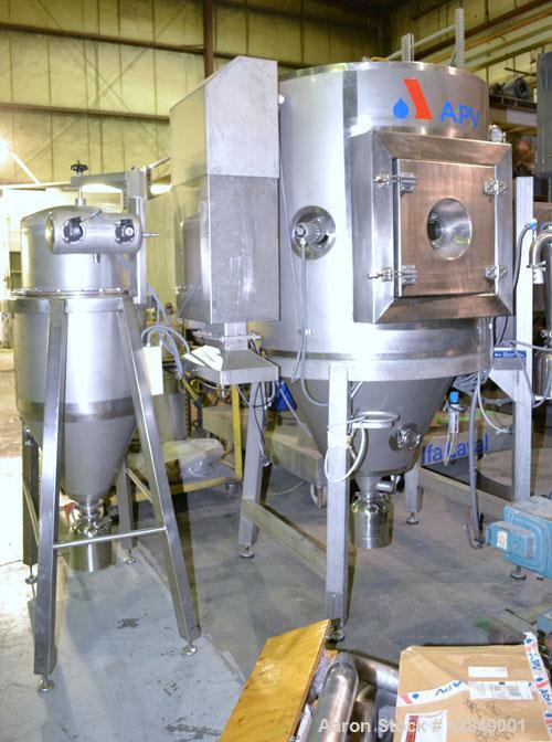 Used APV Anhydro Electrically Heated Pilot Spray Drying Plant, Model PSD 52, 316 Stainless Steel. Heat consumption at 350 deg.c. is 12 kw. 39.3" Diameter chamber, side access door. Water evaporation ...