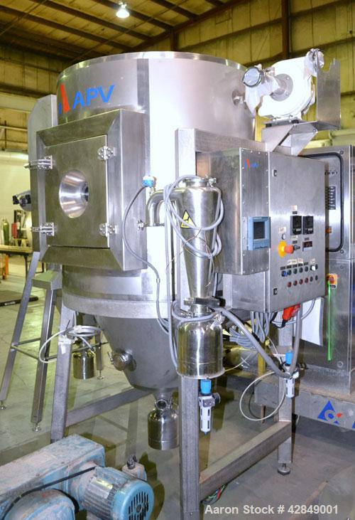 Used APV Anhydro Electrically Heated Pilot Spray Drying Plant, Model PSD 52, 316 Stainless Steel. Heat consumption at 350 deg.c. is 12 kw. 39.3" Diameter chamber, side access door. Water evaporation ...