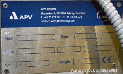 Used APV Anhydro Electrically Heated Pilot Spray Drying Plant, Model PSD 52, 316 Stainless Steel. Heat consumption at 350 deg.c. is 12 kw. 39.3" Diameter chamber, side access door. Water evaporation ...