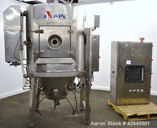Used APV Anhydro Electrically Heated Pilot Spray Drying Plant, Model PSD 52, 316 Stainless Steel. Heat consumption at 350 degrees C. is 12 kw. 39.3" Diameter chamber, side access door. Water evaporat...