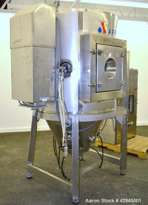 Used APV Anhydro Electrically Heated Pilot Spray Drying Plant, Model PSD 52, 316 Stainless Steel. Heat consumption at 350 degrees C. is 12 kw. 39.3" Diameter chamber, side access door. Water evaporat...