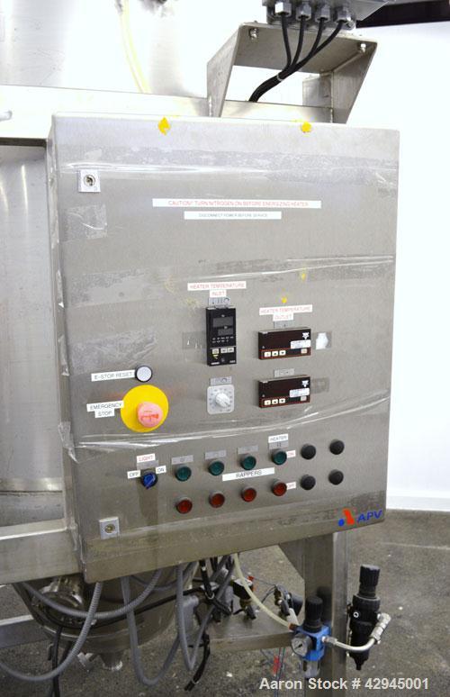 Used APV Anhydro Electrically Heated Pilot Spray Drying Plant, Model PSD 52, 316 Stainless Steel. Heat consumption at 350 degrees C. is 12 kw. 39.3" Diameter chamber, side access door. Water evaporat...