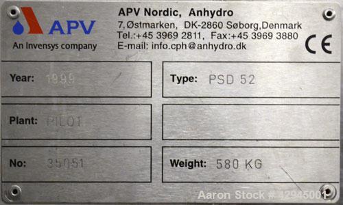 Used APV Anhydro Electrically Heated Pilot Spray Drying Plant, Model PSD 52, 316 Stainless Steel. Heat consumption at 350 degrees C. is 12 kw. 39.3" Diameter chamber, side access door. Water evaporat...