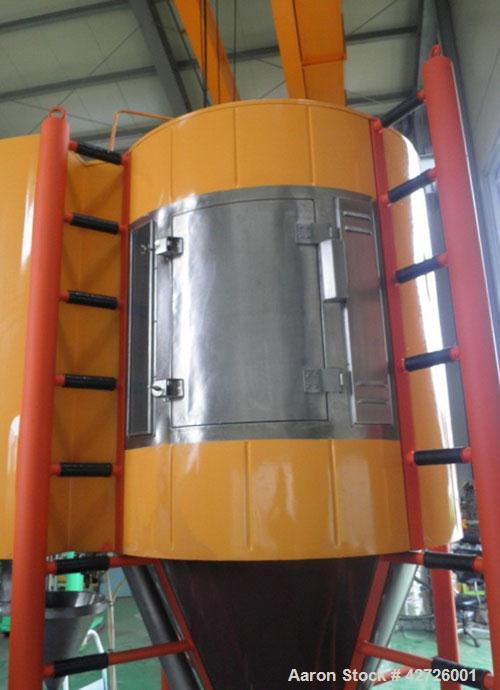 Used APV Anhydro Electrically Heated “Compact” Spray Dryer, 316 Stainless Steel. Heat consumption at 300 deg.c. is 42 kw. 49" Diameter chamber, side access door. Evaporation rate at inlet/outlet temp...