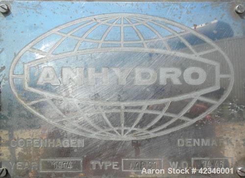 Used Anhydro Electrically Heated Spray Dryer, Type Lab S1, 316 Stainless Steel. Evaporation rate at inlet/outlet temperatures 570/195 deg.f., 15 pounds an hour. Chamber 39" diameter x 28" straight si...