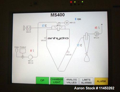 Used Anhydro MicraSpray Model MS 400 Spray Dryer System, Stainless Steel. Max, inlet temperature: 325 DEG. C (617 DEF F), Max. Water Evaporation 37 KG/H (81 LBS/HR). Includes feed pump, feed tank, wa...