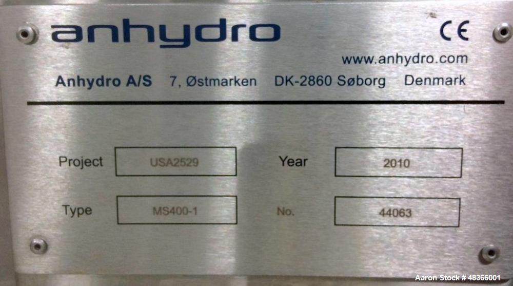 Used Anhydro MicraSpray, Model MS 400 Spray Dryer System, Stainless Steel. Max, inlet temperature: 325 deg. C (617 DEF F), Max. Water evaporation 37 KG/H (81 LBS/HR). Includes feed pump, feed tank, w...